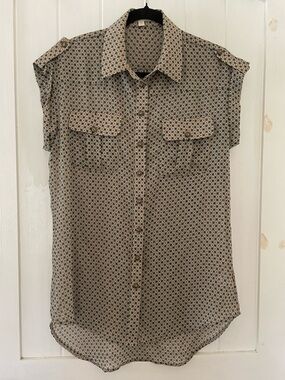 Vintage Pleione Top Blouse Sheer Lightweight Button Down Green Gray Size M
